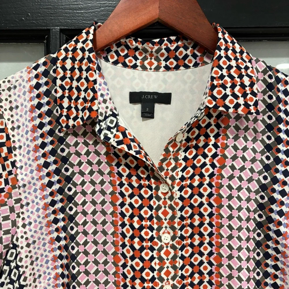 J. Crew Silk Shirt Dress Multicolor Geometric Print Career Casual Resort Size 2